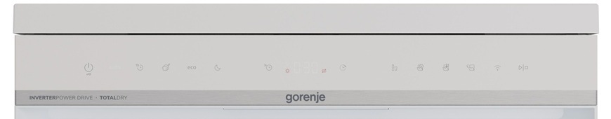 Na obrázku je detailní záběr na přední dotykový ovládací panel myčky Gorenje GS673A97W