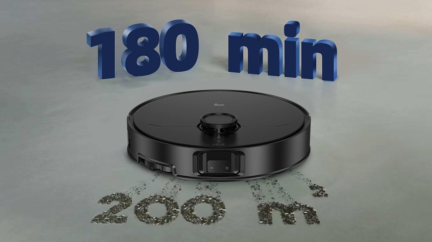 Robotický vysavač Hoover HG870HU 011 u kterého jsou nápisy 180 min a 200 m2