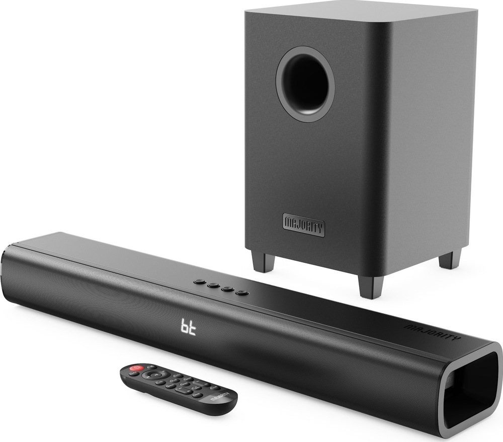 Černý soundbar Majority Naga 60 Plus s bezdrátovým subwooferem a dálkovým ovladačem.