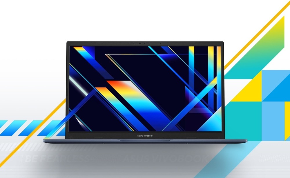 Přední pohled na otevřený notebook ASUS Vivobook 14 s kvalitním displejem a tenkými rámečky