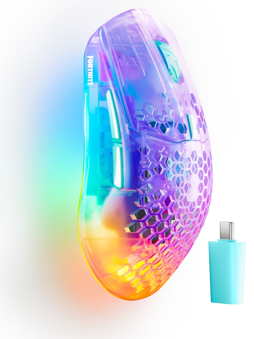 Průsvitná herní myš SteelSeries Aerox 3 Wireless Gen 2 Fortnite Storm Edition s RGB a USB-C přijímačem