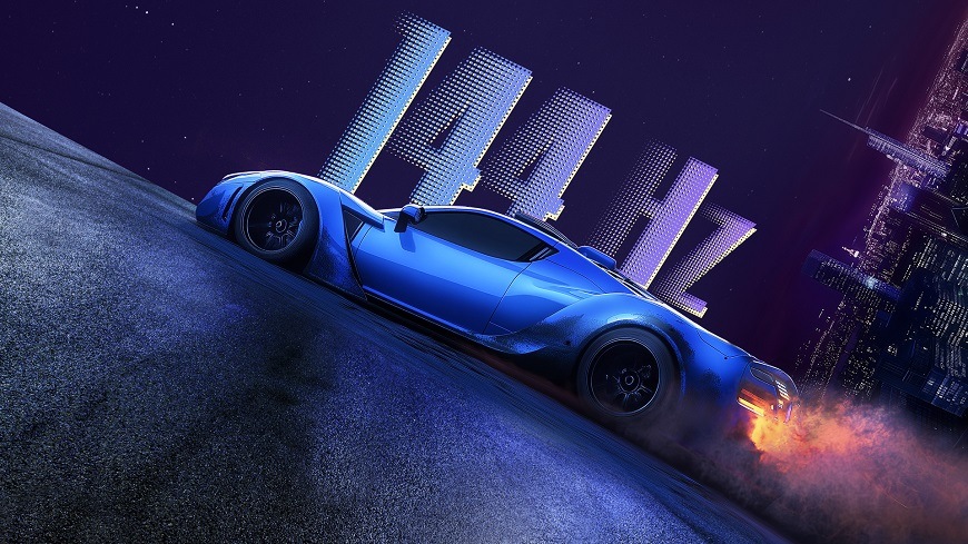 Televize Hisense 50E7PRO s 144Hz obnovovací frekvencí – modrý sportovní vůz na futuristickém pozadí symbolizuje plynulý obraz a vysoký výkon herního režimu.