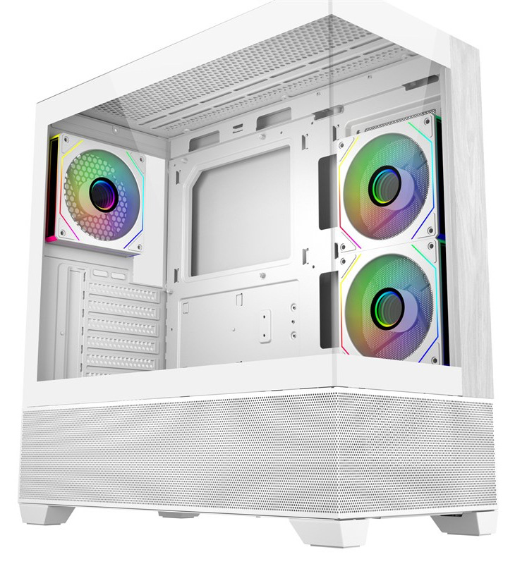 Case Cooler Master Elite 690 Wood bílá Boční pohled do bílé počítačové skříně - Case Cooler Master Elite 690 Wood – s běžícími ventilátory ARGB