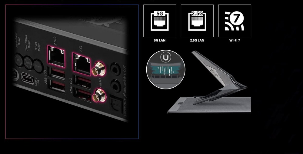 Základní deska MSI MPG Z890 CARBON WIFI Obrázek zobrazuje zadní panel počítače s několika porty, včetně USB, HDMI a Ethernet. Ikony nahoře označují podporu 5G LAN a Wi-Fi 7. Vpravo je vyobrazena černá anténa.