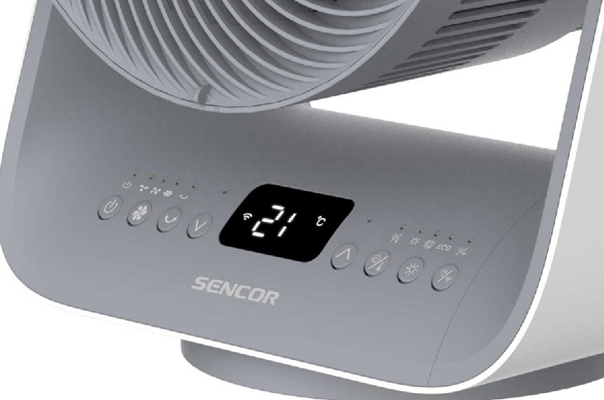Teplovzdušný ventilátor Sencor SFH 9200GY šedý Detail dotykového ovládacího panelu a displeje cirkulátoru Sencor SFH 9200GY se zobrazenou teplotou.