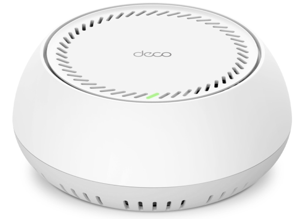 Detail bílého provedení TP-Link Deco BE65-PoE s ventilačními otvory a stavovou LED
