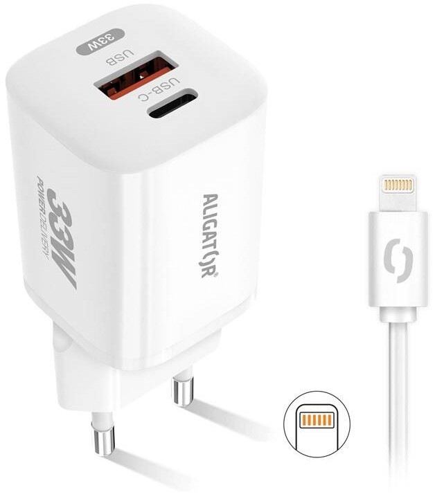 Nabíječka do sítě Aligator Power Delivery 33W, USB-C + USB-A + kabel pro Apple bílá