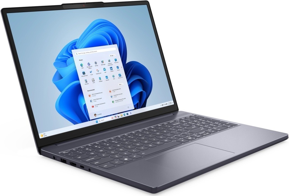 Notebook Lenovo IdeaPad Slim 3 15ARP10 šedý Pohled na pravou stranu a velký, kvalitní displej laptopu Lenovo IdeaPad Slim 3