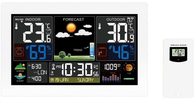 Meteostanice Solight TE81XL-W zobrazuje vnitřní a venkovní teplotu, vlhkost, atmosférický tlak, datum, hodiny, čas