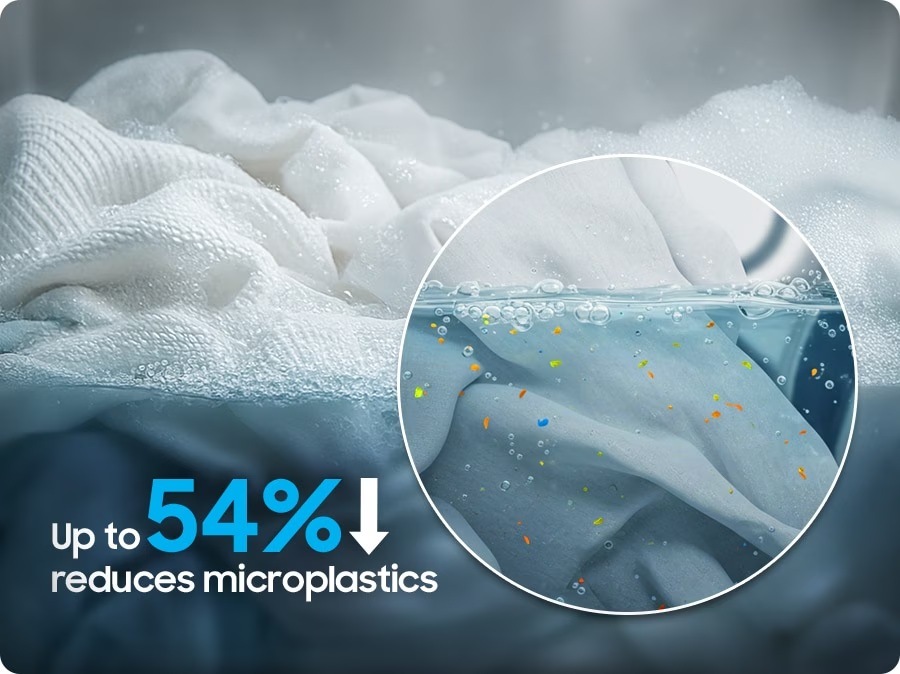 Pračka/sušička Samsung WD11DG5B15BELE - ilustrační obrázek praní prádla znázorňující funkci Less Microfiber