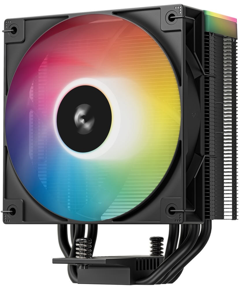 Chladič CPU DeepCool AG400 ARGB V2 černý Snímek velice kompaktního chladiče s běžícím ARGB ventilátorem. Na horní straně je také barevné podsvícení, zprava vidíme žebrování chladiče.