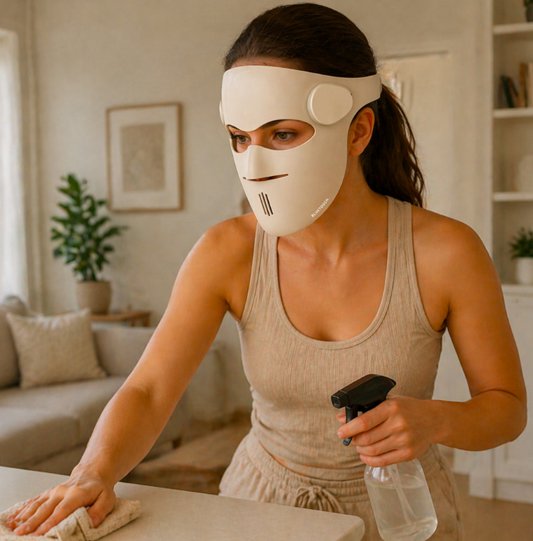 Žena používá LED masku Bluetouch pro obličej při běžných domácích činnostech díky bezdrátovému provozu