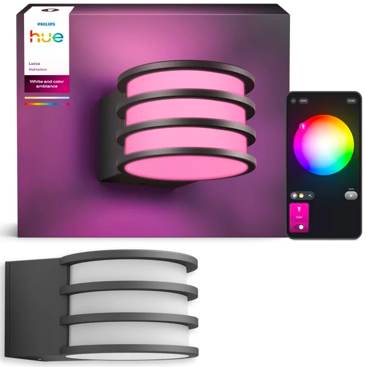 Svítidlo Philips Lucca Hue s obalem a výběrem barvy světla v mobilní aplikaci