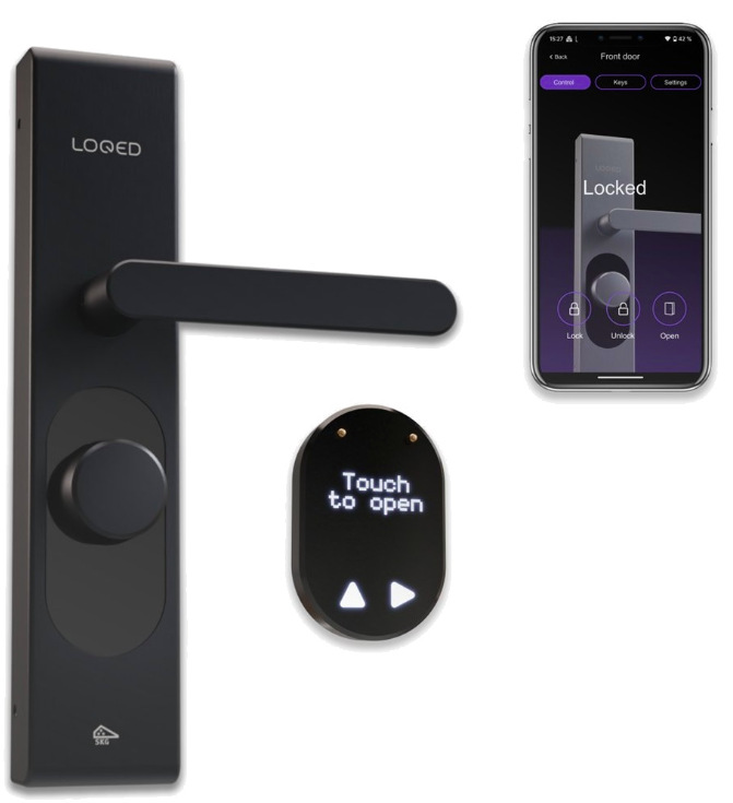 Chytrý zámek Shelly Smart Loqed Touch v černé barvě s displejem Touch to Open a ovládáním v mobilní aplikaci