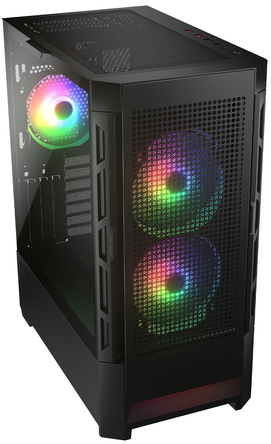 Case Cougar DUOFACE RGB černá Pohled zepředu shora na černou skříň s prosklenou bočnicí; za předním panelem svítí dva velké ARGB ventilátory, na zadní stěně jeden. Přední i horní stěna jsou jemně perforované pro lepší chlazení.