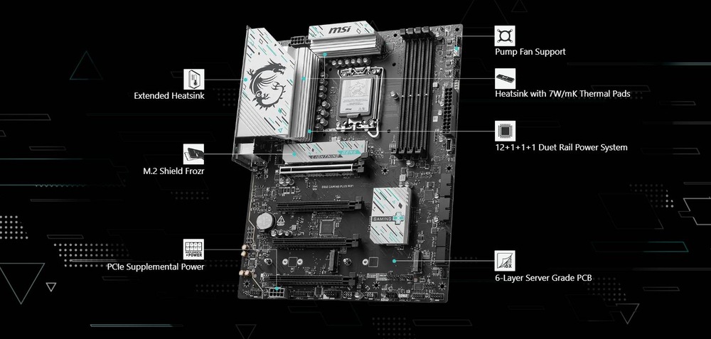 Základní deska MSI B860 GAMING PLUS WIFI Počítačová základní deska s označenými funkcemi: rozšířený chladič, podpora ventilátoru čerpadla a EZ M.2 Shield Frozr.