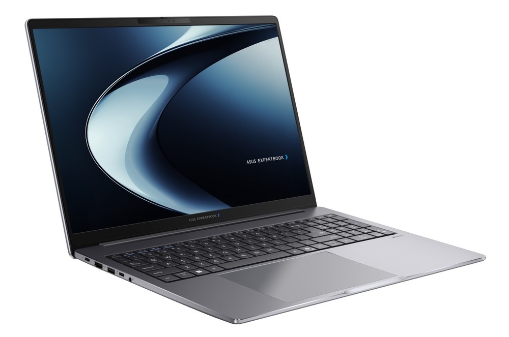 Notebook Asus ExpertBook P5 G2 šedý Otevřený a zapnutý notebook Asus ExpertBook P5 G2 otočený doprava