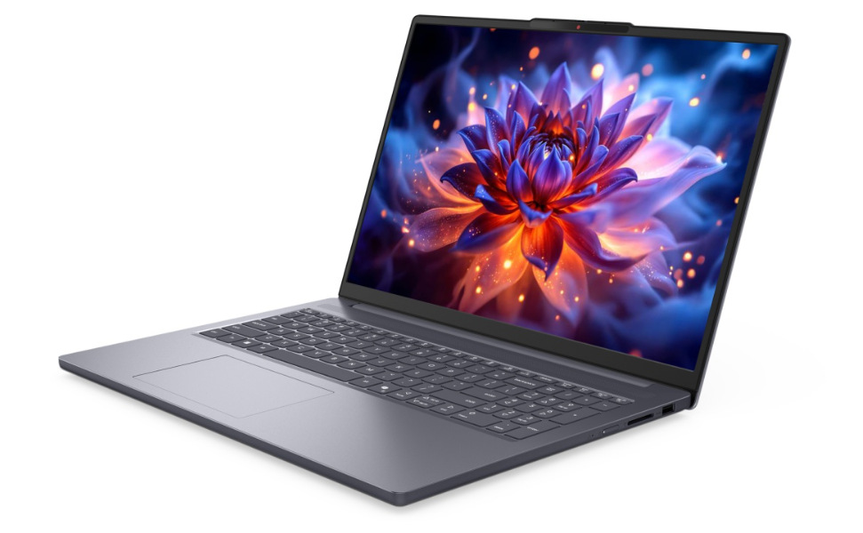Otevřený a zapnutý notebook Lenovo IdeaPad Slim 3 16IPH11 otočený doleva