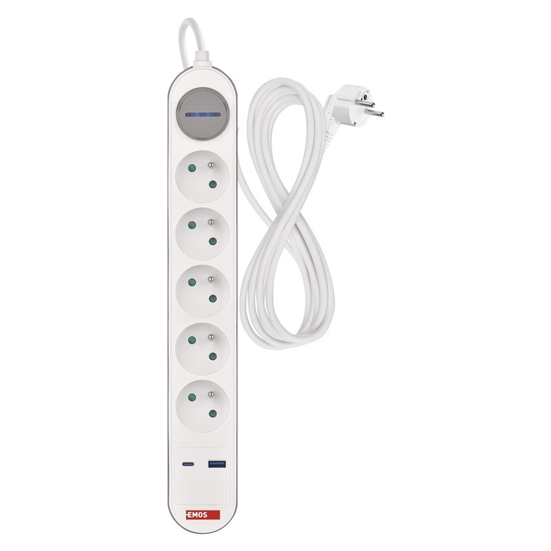 Kabel prodlužovací EMOS 5Z 3M S VYP.1,5MM+USB A+C, šedá a bílá