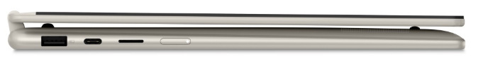 Notebook Lenovo Yoga 7 2-in-1 14AKP10 béžový Boční pohled na Lenovo Yoga 7 2-in-1 14AKP10 s USB porty a čtečkou microSD karet