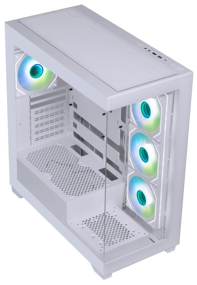 Na fotce je bílá PC skříň BitFenix CETO/CETO Cube z pohledu přes levý přední bok. Skříň má „panoramatické“ prosklení – průhledné čelo a levá bočnice z tvrzeného skla, takže je vidět dovnitř. ARGB ventilátory svítí na pravém boku (vnitřní boční pozice) a jeden je vidět i vzadu, takže podsvícení vytváří výrazný světelný efekt i při pohledu z rohu skříně.