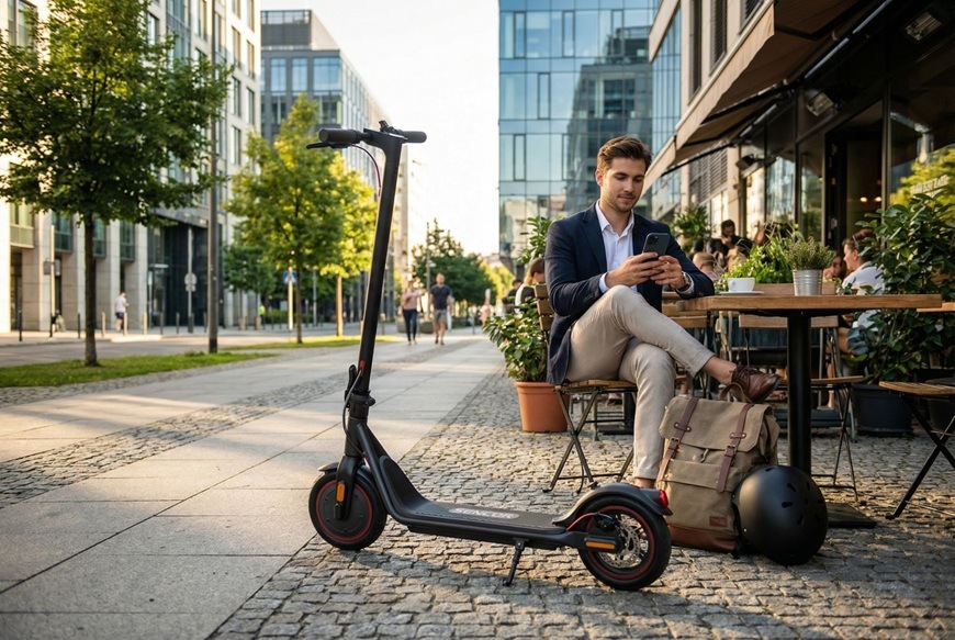 Elektrická koloběžka Sencor stojí zaparkovaná u venkovního stolku kavárny v moderní městské čtvrti. Muž sedí u stolu, kontroluje telefon a vedle něj má položenou helmu i pracovní tašku.