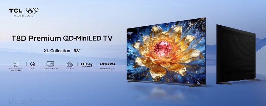 Televize TCL 98T8D Televize TCL 98T8D s tenkým bezrámečkovým designem a QD Mini LED panelem zobrazuje detailní květinový motiv s výraznými barvami a vysokým jasem