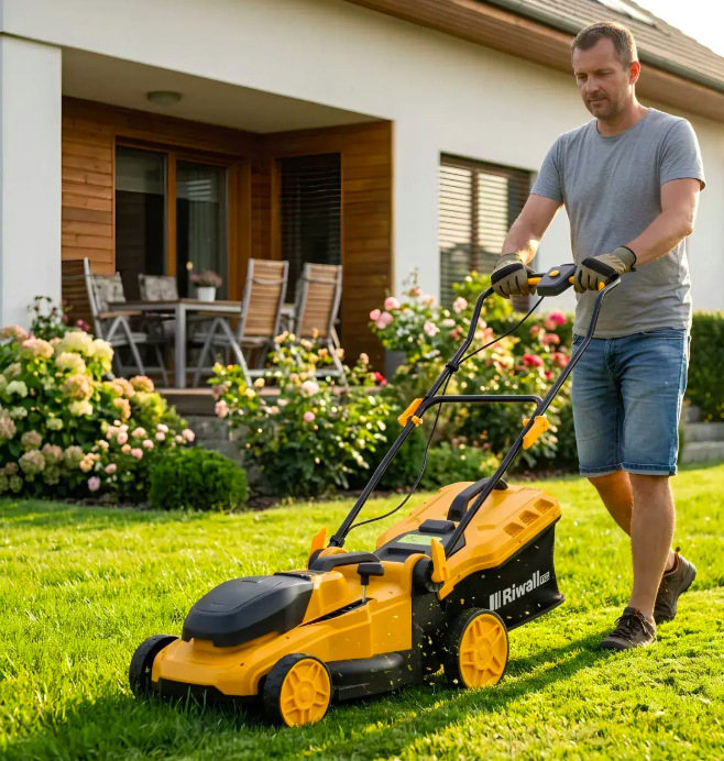 Muž seká trávník u rodinného domu s akumulátorovou sekačkou Riwall RALM 4020i SET.