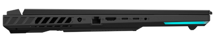 Boční panel notebooku s porty RJ45, HDMI, USB-C a napájecím konektorem