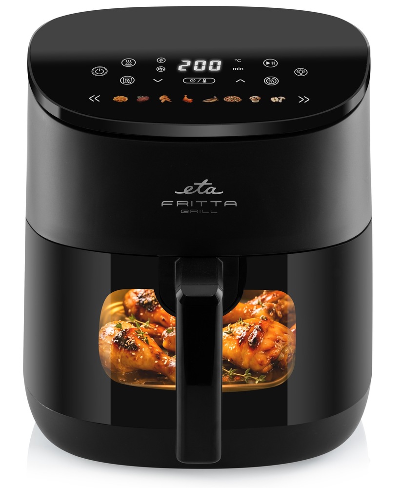 Černá teplovzdušná fritéza ETA Fritta Grill s průhledným okénkem a pečenými kuřecími stehny uvnitř