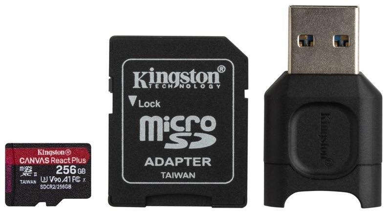 Paměťová karta Kingston Canvas React Plus MicroSDXC 256GB UHS-II U3 (285R/165W) + adaptér + čtečka