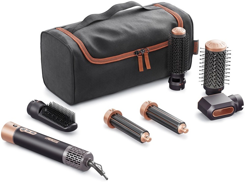 Princess Airstyler Plus 529215 s úložnou taškou a příslušenstvím.