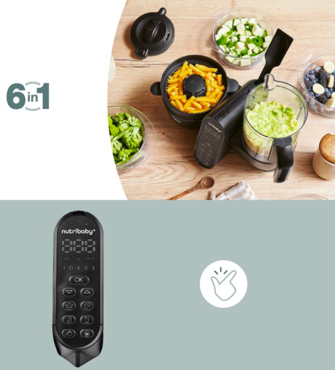 Detail ovládacího panelu Babymoov Nutribaby+ XL se šesti funkcemi a digitálním displejem