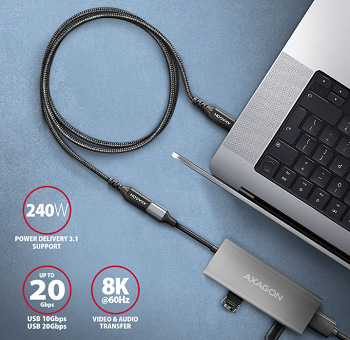 Kabel Axagon prodlužovací kabel USB-C samec / USB-C samice, 1,5m, PD 240W, 8K HD, pletený černý AXABUCM32CF15AB