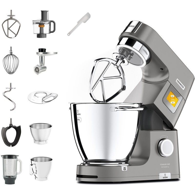 Kuchyňský robot Kenwood KWL90.594SI Titanium Chef Patissier XL, vlevo jsou ve třech sloupcích seřazené obrázky příslušenství