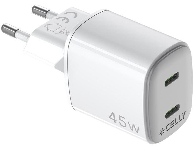 Nabíječka do sítě Celly 2x USB-C, GaN, 45 W bílá