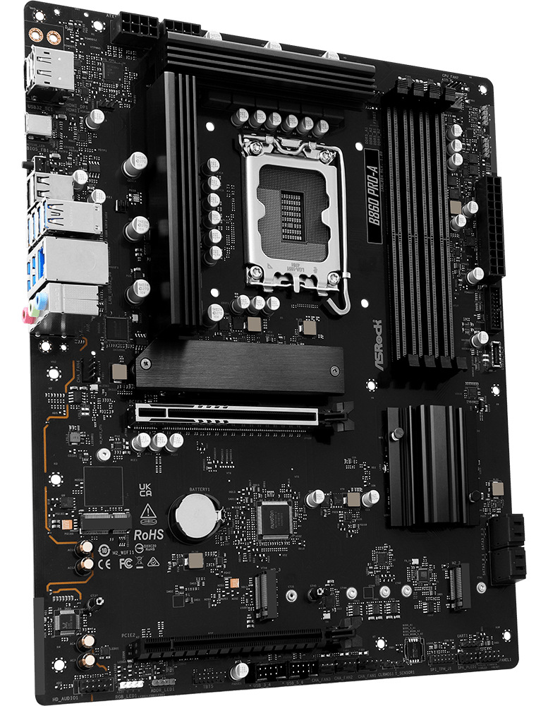 ASRock B860 Pro-A prezentovaná v minimalistickém tmavém prostředí s důrazem na robustní konstrukci