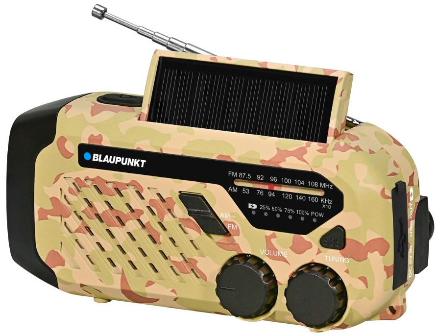 Detail výklopného solárního panelu a horní části radiopřijímače Blaupunkt ER10DC Survival
