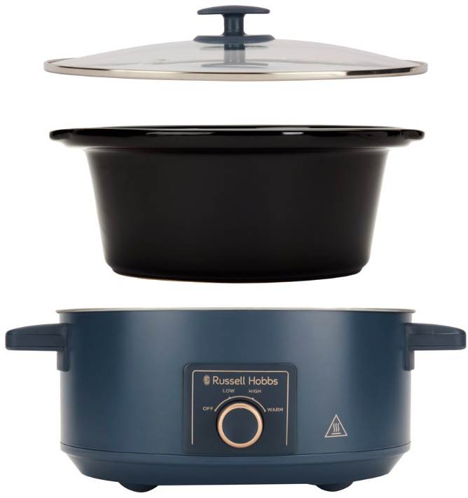 Pomalý hrnec RUSSELL HOBBS Soft Navy 28780-56 modrý Rozložený pohled na hrnec s odnímatelnou keramickou nádobou a skleněným víkem