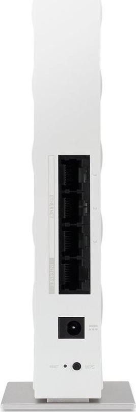 Router Acer Connect Wave 7 - Wifi 7 Mesh Router/DualPack Bílý router Acer Connect Wave 7 ve svislém provedení na podstavci. Na zadní straně jsou čtyři síťové RJ-45 porty – horní pro internetové/WAN připojení a tři pro LAN zařízení. Pod nimi je kulatý napájecí konektor, dole malé tlačítko Reset a tlačítko WPS.