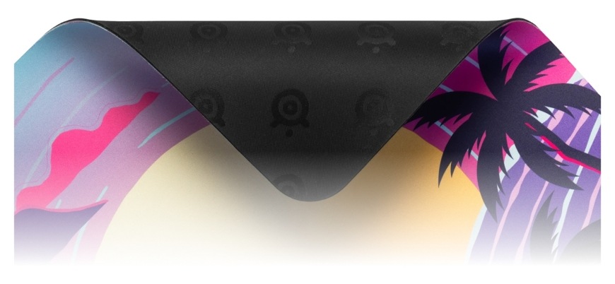Podložka pod klávesnici a myš SteelSeries QcK XXL Neon Sunset fialová Detail textilního povrchu podložky QcK Neon Sunset s motivem slunce a palem