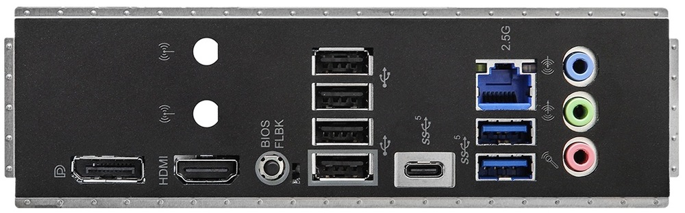 Základní deska ASRock B650M-HDV/M.2 Na zadním panelu je vidět HDMI a DisplayPort pro monitor (fungují s CPU s integrovanou grafikou), vedle nich RJ-45 pro 2,5Gb LAN a USB porty: 1× USB-C (USB 3.2 Gen1), 2× USB 3.2 Gen1 a 4× USB 2.0. Nechybí tlačítko BIOS Flashback a 3× 3,5mm audio jack.
