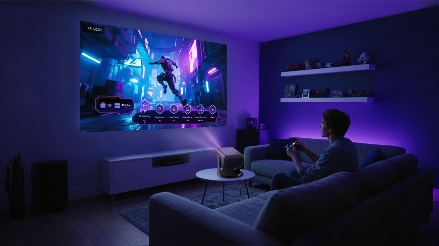 osoba hraje akční hru na Laser TV Hisense C3