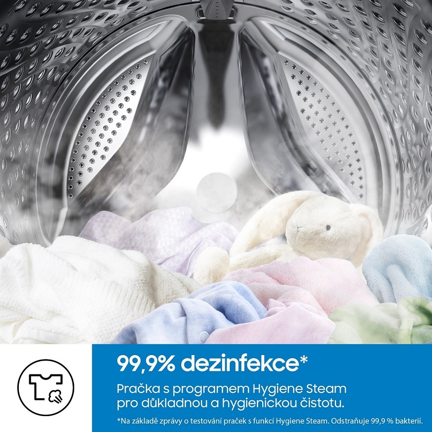 Plyšák a oblečení v bubnu pračky s párou - program Hygiene Steam