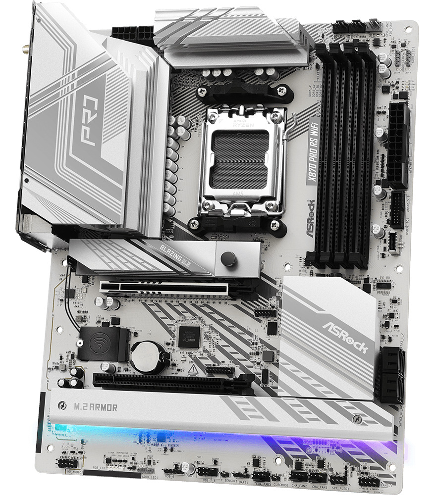 Základní deska ASRock X870 PRO RS WIFI Základní deska ASRock X870 PRO RS WIFI v bílém provedení s paticí AM5 a masivními chladiči