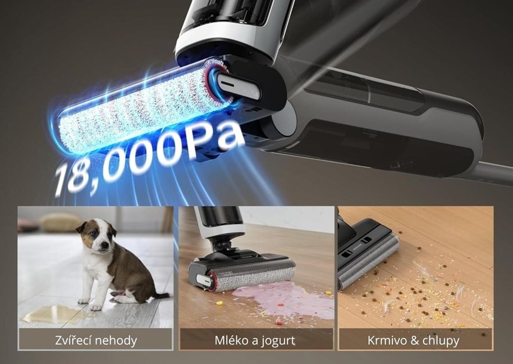 Podlahová myčka Tineco Floor One Switch S6 Stretch černá/bílá Znázornění sacího výkonu 18000 Pa vysavače Tineco Floor One Switch S6 Stretch. Pod ním jsou vyobrazeny situace, pro které je spotřebič vhodný. Vlevo štěně s loužičkou – zvířecí nehody. Uprostřed myčka u rozlitého jogurtu. Vpravo hromádka vysypaných granulí.