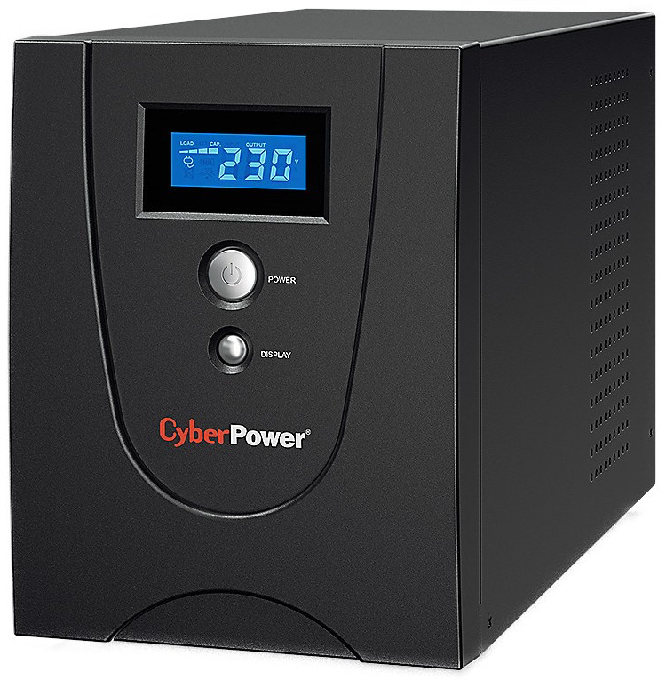 Na obrázku je záložní zdroj (UPS) Cyber Power Systems GreenPower Value LCD 2200VA/1320W. Vypadá jako černá hranatá „věž“, podobná menší počítačové skříni, určená k postavení na podlahu nebo vedle stolu. Na čelní straně je modře podsvícený LCD displej s čísly a ikonami (například napětí a stav zátěže/baterie). Pod displejem jsou dvě tlačítka – větší POWER (zapnutí) a menší DISPLAY. V dolní části čela je logo CyberPower a na pravém boku jsou větrací otvory pro chlazení.