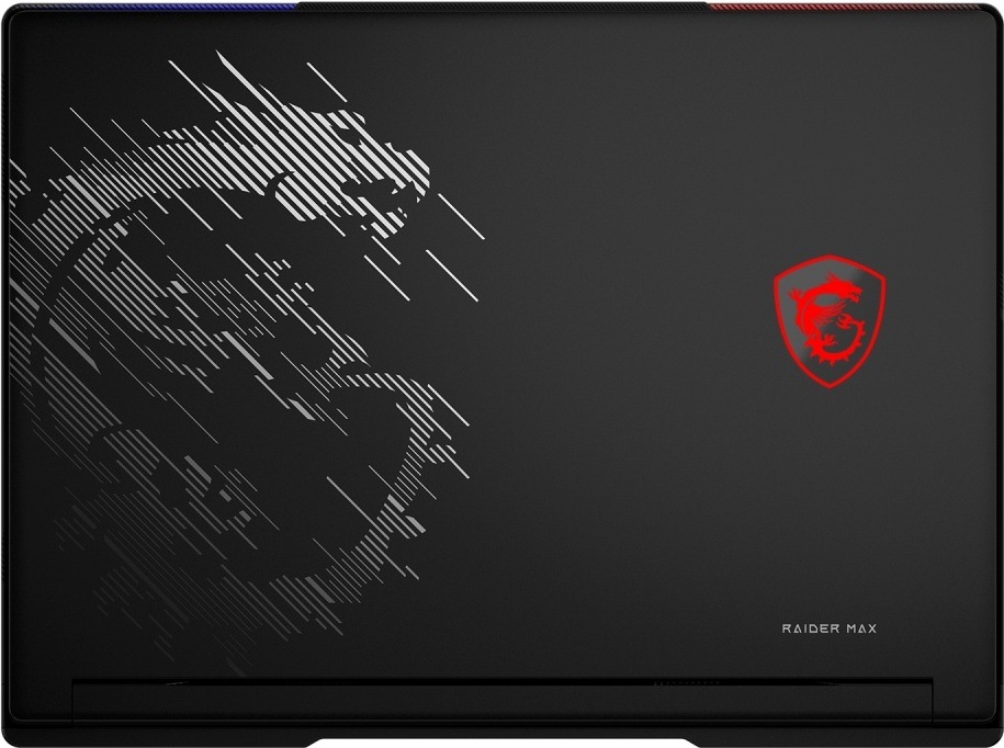 Notebook MSI Raider 16 Max HX B2WH-244CZ černý Zavřené víko notebooku MSI Raider 16 Max HX B2W s logem MSI, grafickým motivem draka a označením Raider Max