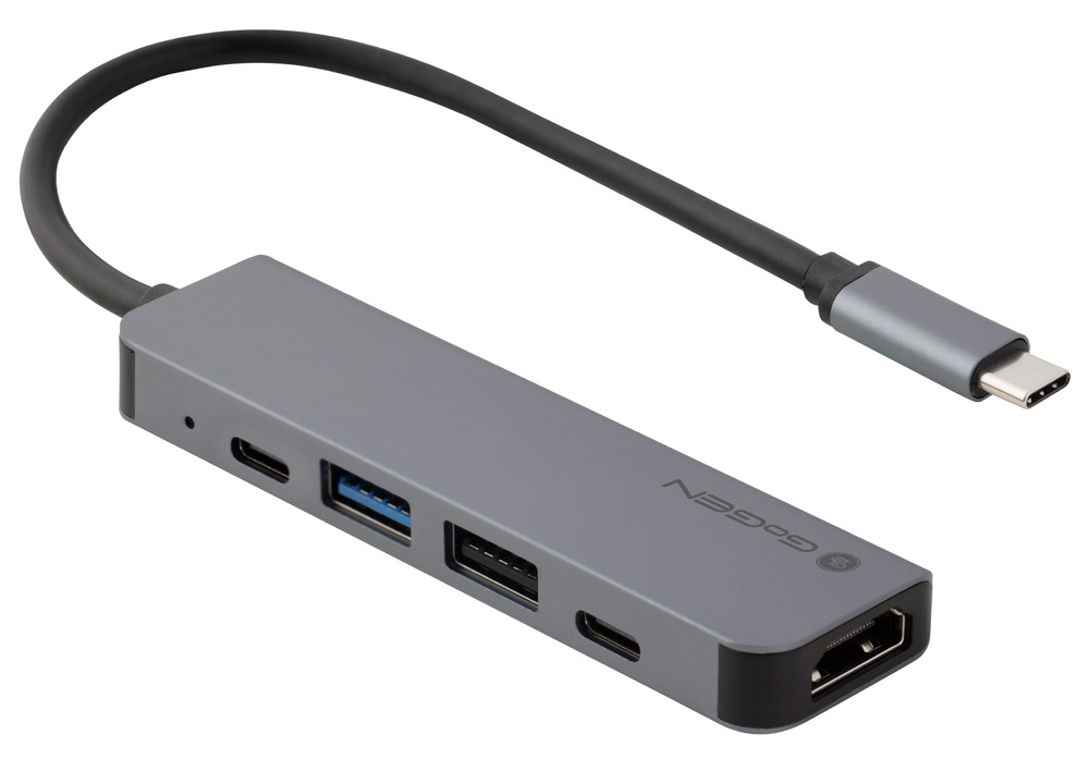 Šedý kovový USB-C hub GoGEN s porty HDMI, USB-A a USB-C