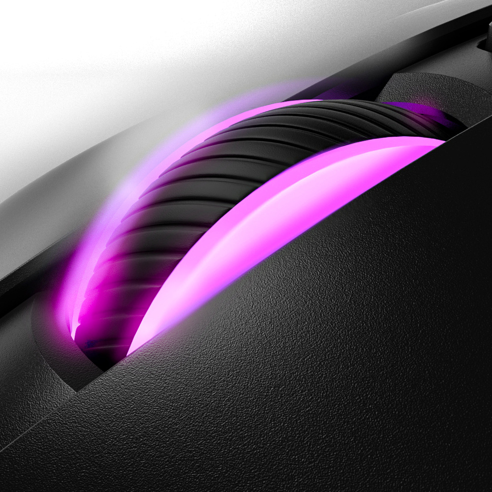 Myš HATOR Pulsar 4 bílá Detail RGB podsvícení kolečka myši HATOR Pulsar 4 Wireless